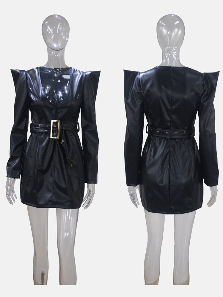 Mannequin display of a black faux leather V-neck dress with shoulder pads and a belted waist, front and back views