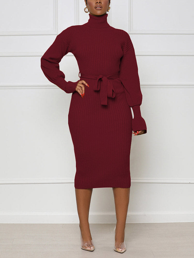 Turtleneck knit midi dress with belt - View 13 | Lwiis