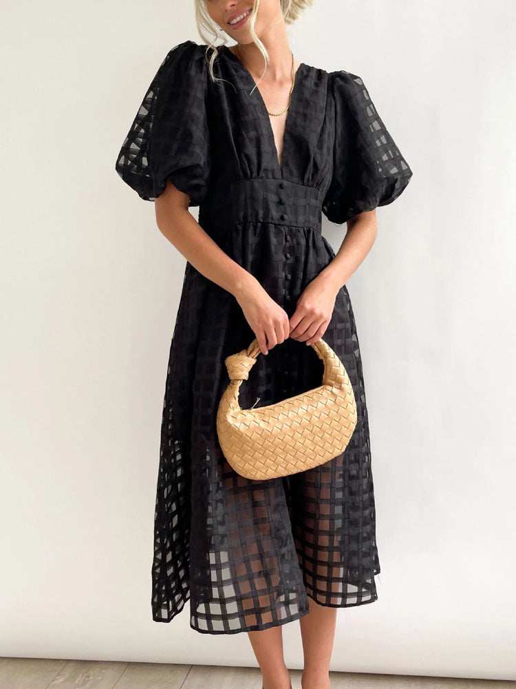 Plaid V-Neck Midi Dress - View 14 | Lwiis