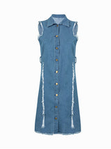 front view of a distressed denim sheath dress with a v-neck and belted waist