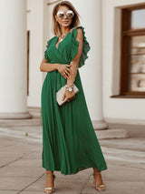 V-neck pleated maxi dress with ruffled trim and belted waist - View 7 | Lwiis