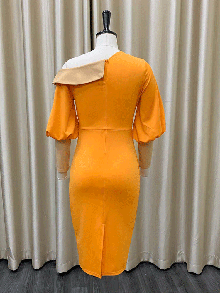 One Shoulder Midi Dress with Puff Sleeves - View 10 | Lwiis