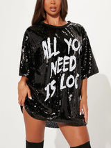Sequin T-Shirt Dress with Geometric Print - View 32 | Lwiis