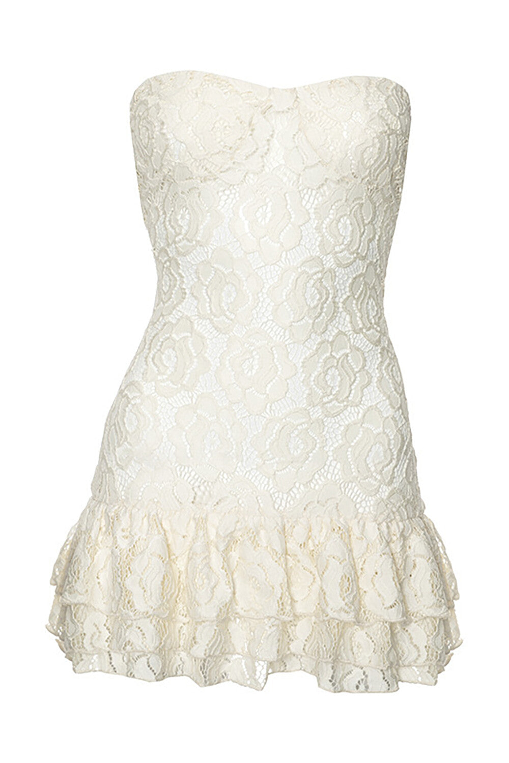 white lace strapless dress with ruffled hem on a mannequin