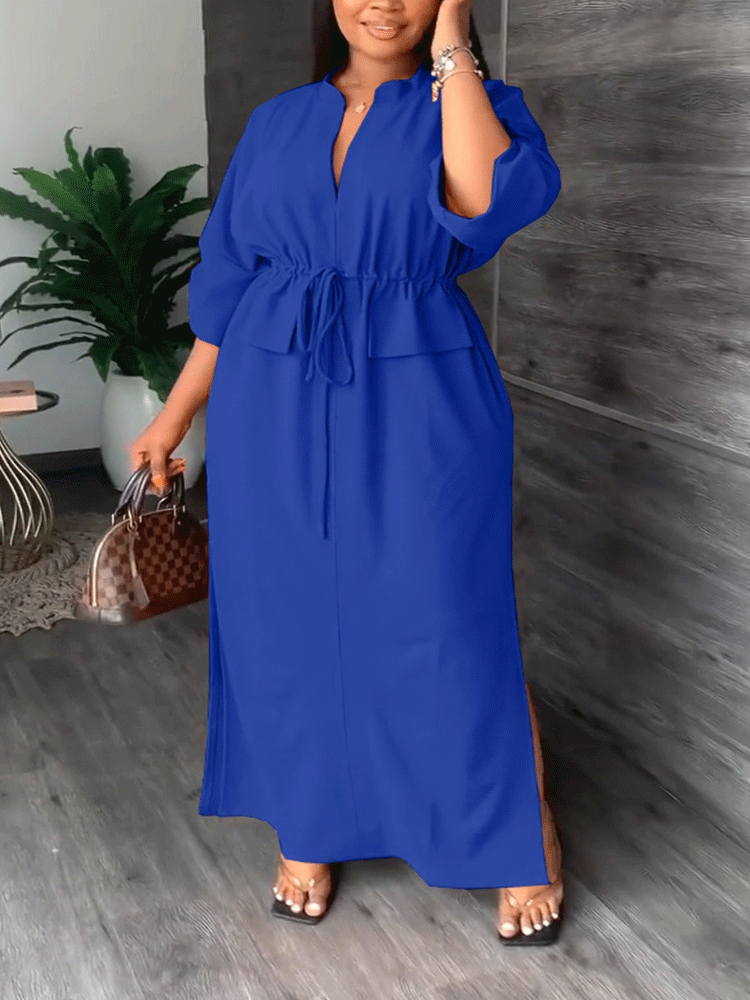 V Neck Drawstring Waist Maxi Dress - View 7 | Lwiis