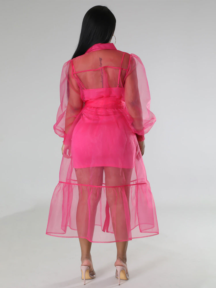 Rear view of a woman wearing a sheer pink organza dress over a pink slip dress, with the button-down front visible.