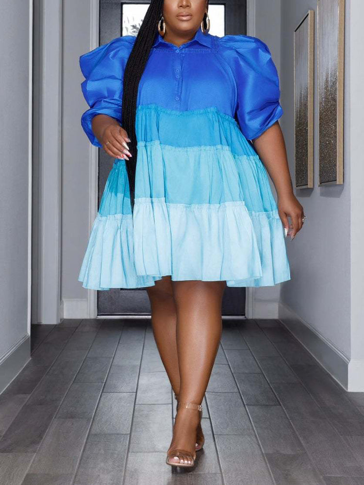 A-line colorblock dress with puff sleeves - View 10 | Lwiis