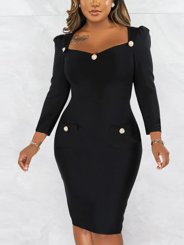 woman wearing a black sheath dress with long sleeves and button details