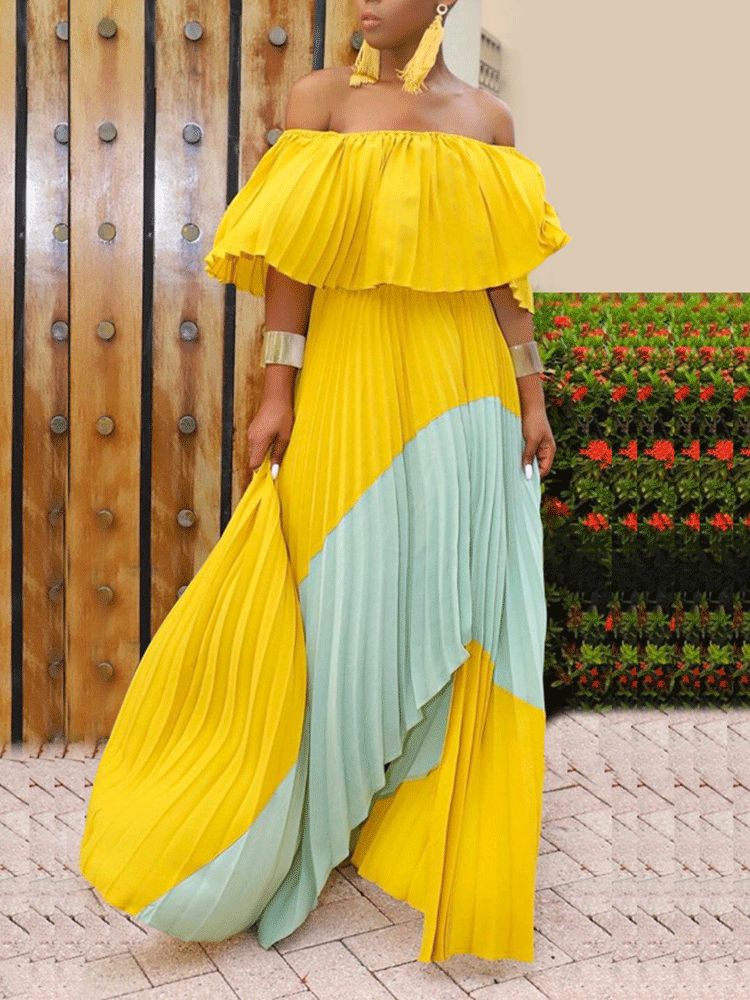 Woman wearing a yellow and mint green off-the-shoulder pleated maxi dress