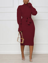 Turtleneck knit midi dress with belt - View 14 | Lwiis