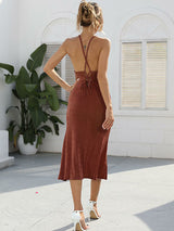 Solid color halter neck ruched maxi dress with side slit - View 14 | Lwiis