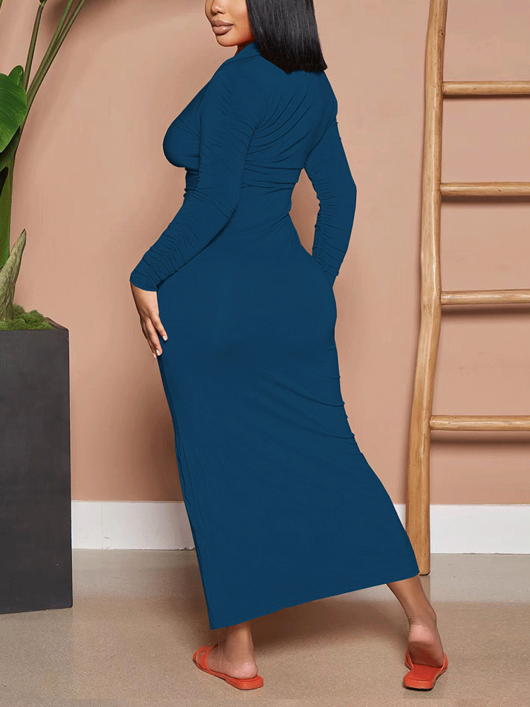 Solid Ruched Button Maxi Dress - View 9 | Lwiis