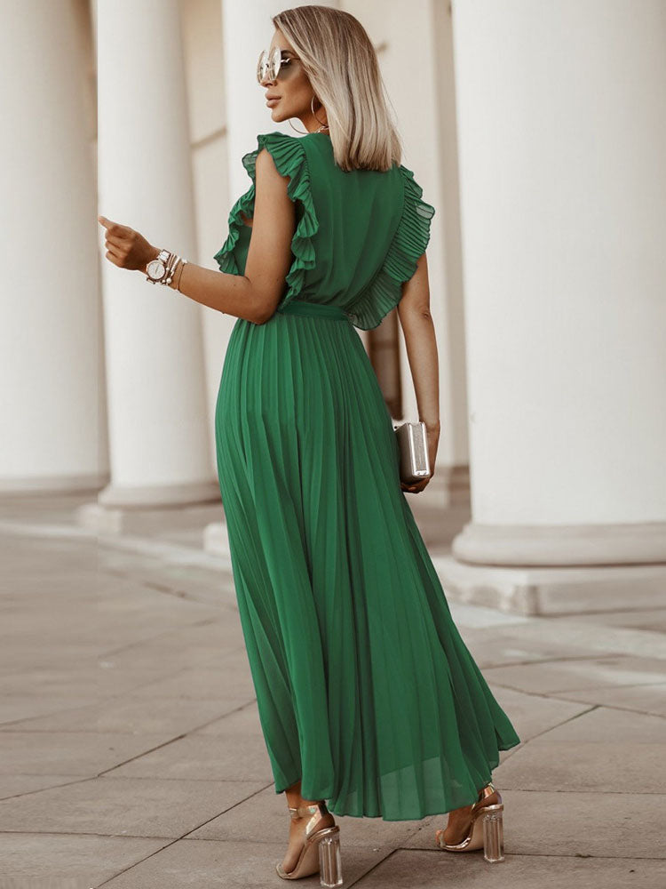 V-neck pleated maxi dress with ruffled trim and belted waist - View 9 | Lwiis