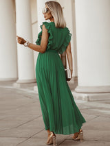 V-neck pleated maxi dress with ruffled trim and belted waist - View 9 | Lwiis