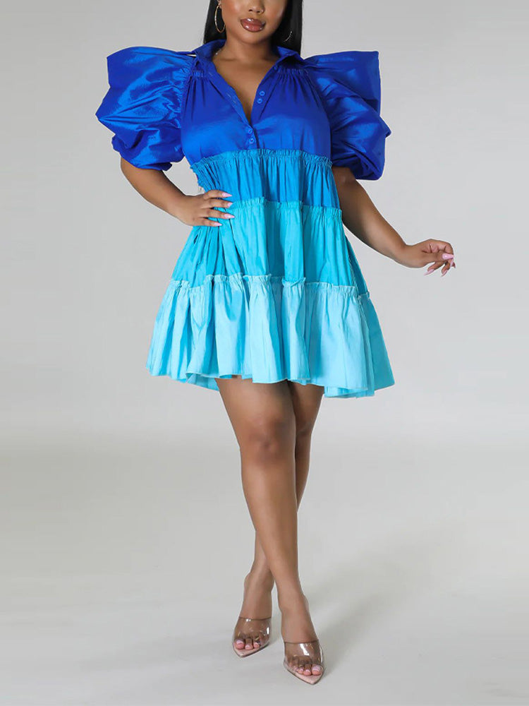 A-line colorblock dress with puff sleeves - View 8 | Lwiis