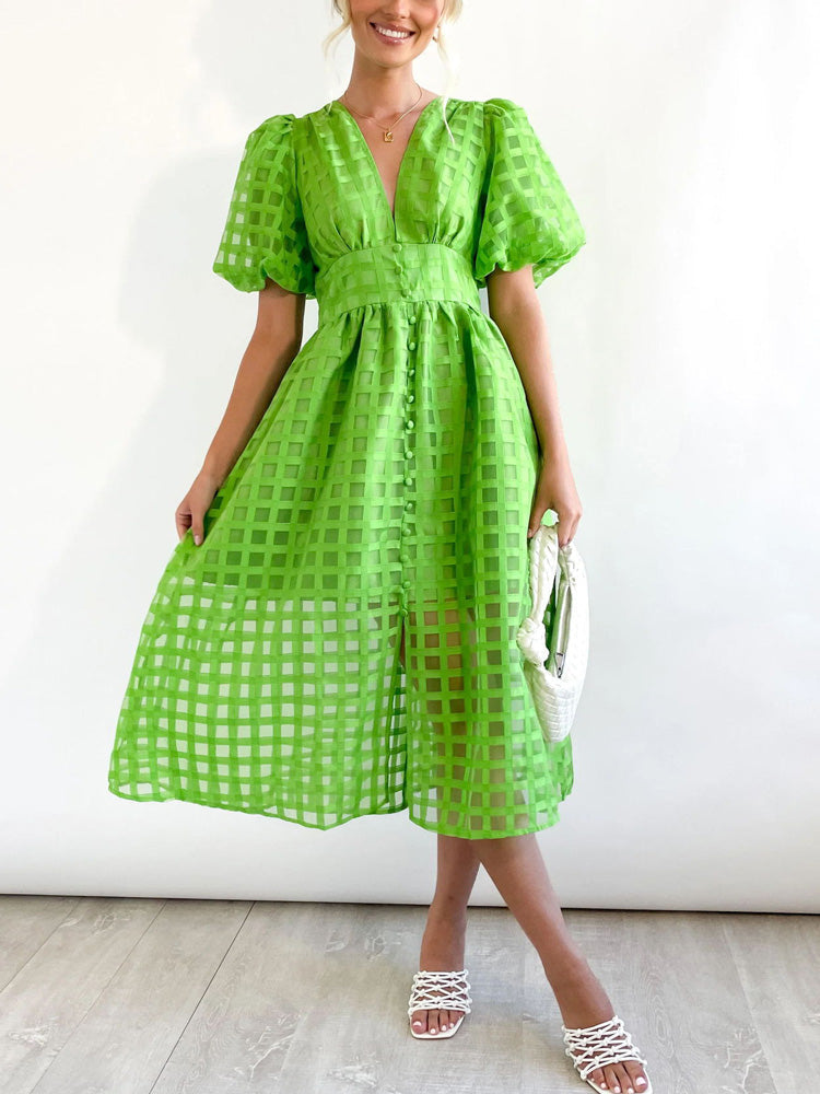 Plaid V-Neck Midi Dress - View 18 | Lwiis