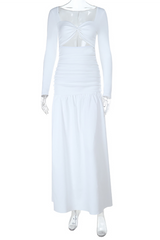 Mannequin displaying a white long-sleeved maxi dress with a cut-out and ruched detailing on a white background.