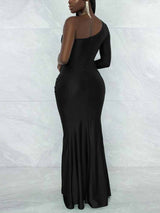 Elegant one shoulder mermaid maxi dress with ruched detailing - View 6 | Lwiis
