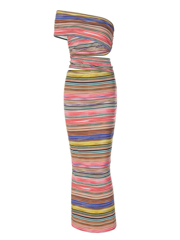 Product image of a colorful striped asymmetrical cut-out maxi dress with a high slit.