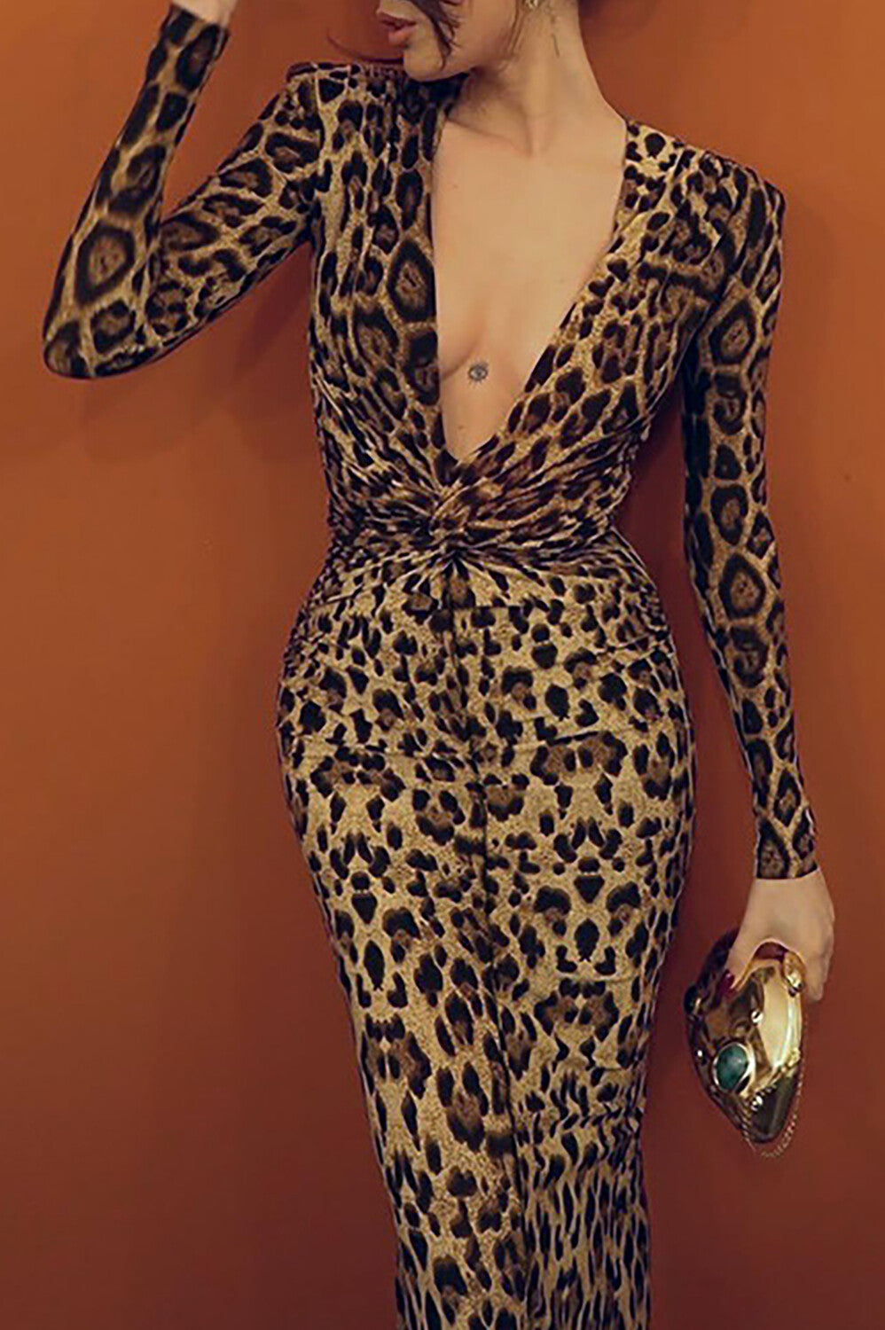 Tiefer V-Ausschnitt Langarm Leopard Print Bodycon Maxikleider - Hellbraun