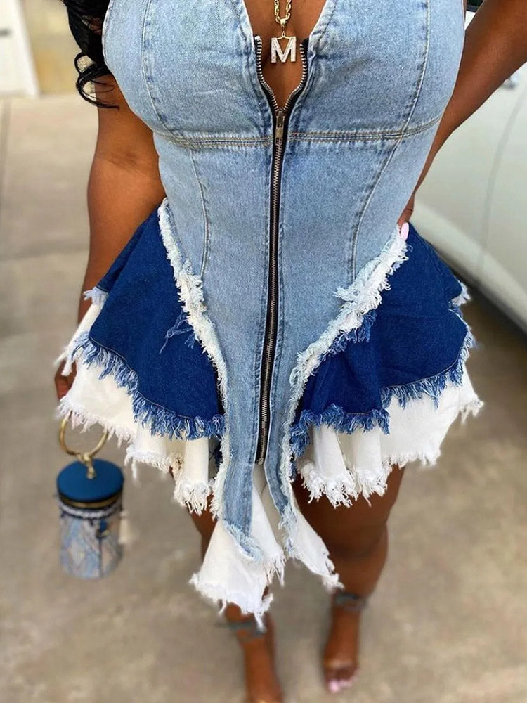 Denim patchwork mini dress with V-neckline and zipper front - View 6 | Lwiis