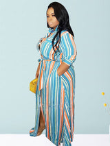 Striped Belted Shirt Maxi Dress - View 7 | Lwiis