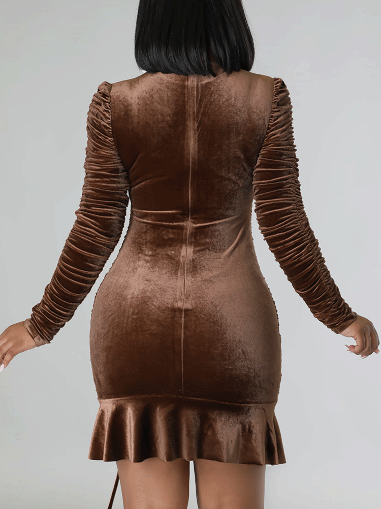Ruched Velvet Mini Dress with Drawstring - View 13 | Lwiis