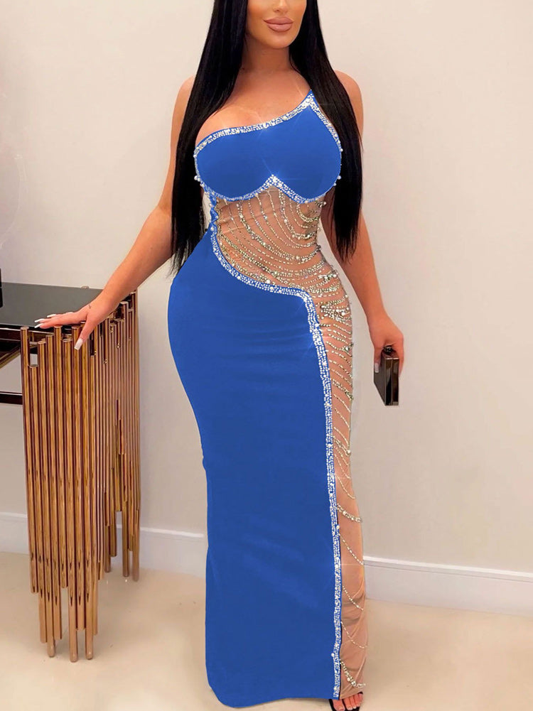 One Shoulder Asymmetrical Mesh Dress with Beaded Embellishments - View 13 | Lwiis