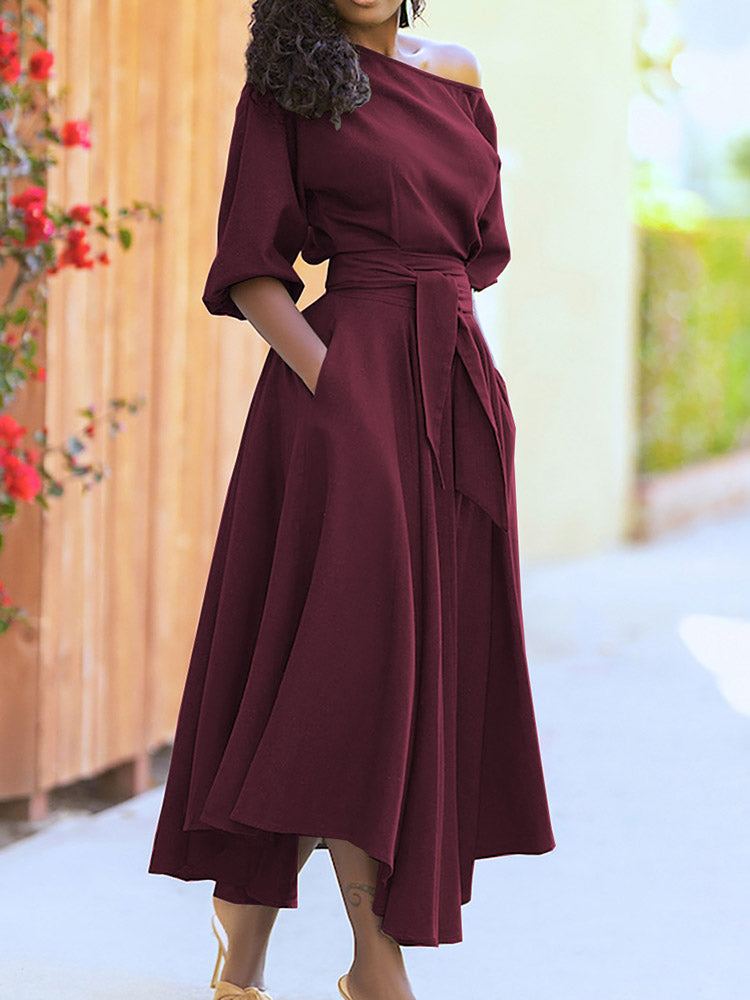 Oblique Neckline Maxi Dress with Belt - View 15 | Lwiis