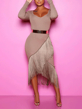 Fitted Tassel Midi Dress - View 11 | Lwiis