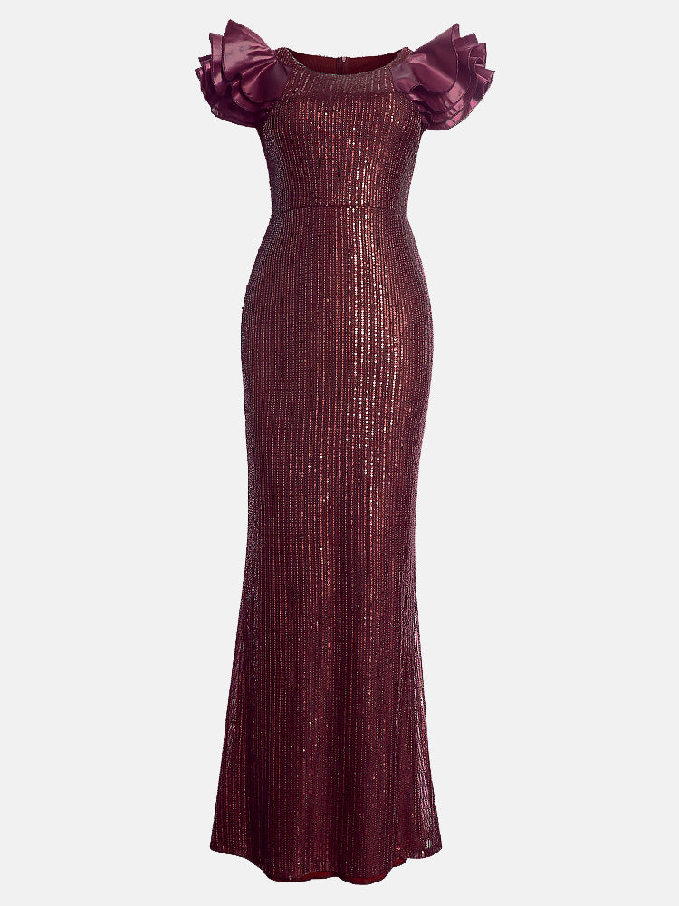 A floor-length burgundy sequined mermaid dress with ruffled cap sleeves, displayed flat.