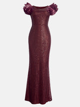 A floor-length burgundy sequined mermaid dress with ruffled cap sleeves, displayed flat.