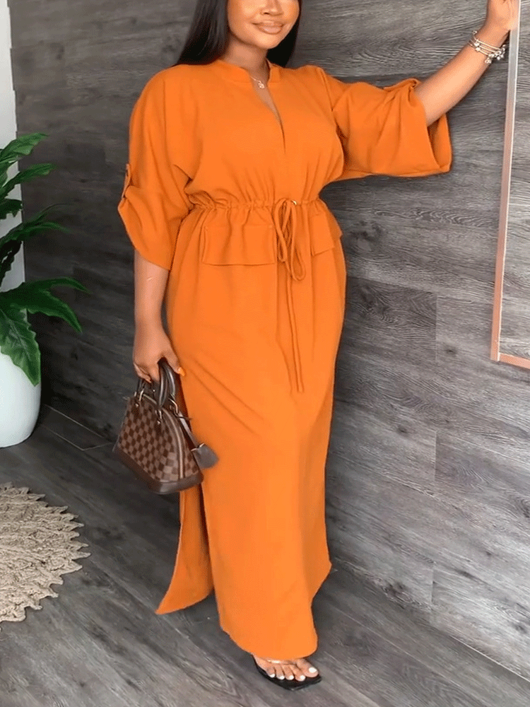 V Neck Drawstring Waist Maxi Dress - View 10 | Lwiis