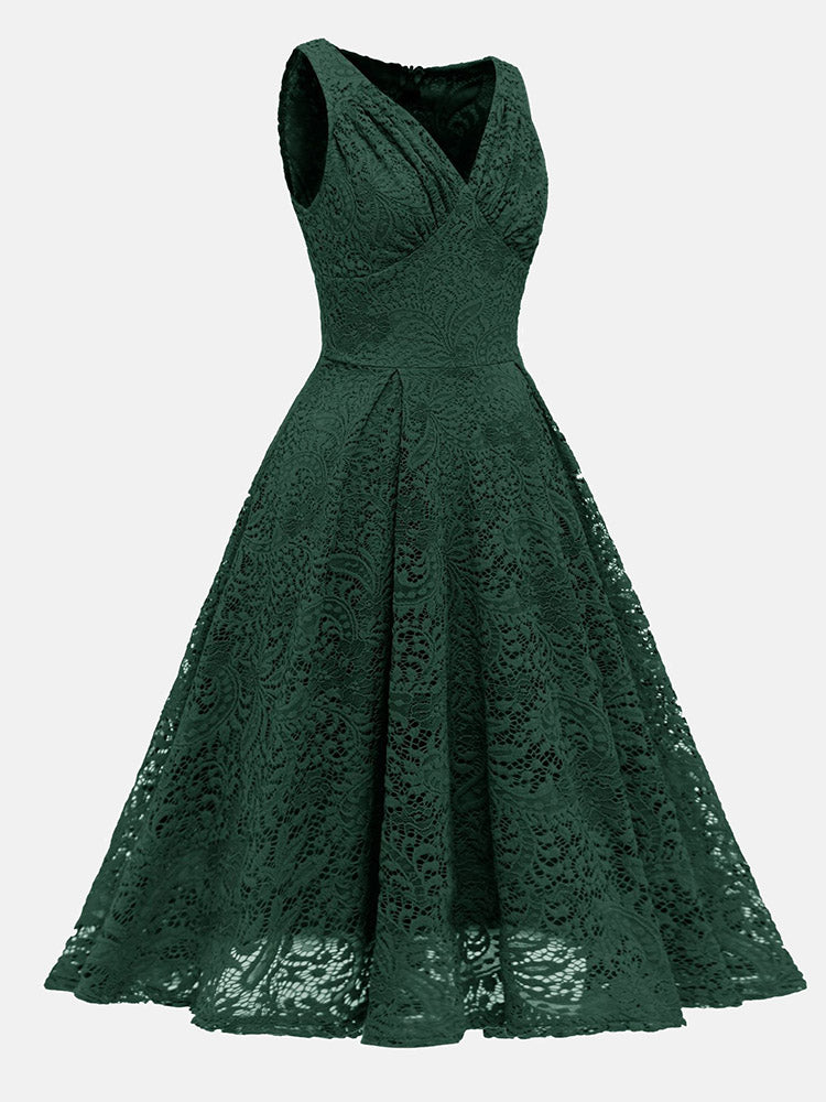 Green lace fit and flare dress, side view