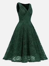 Green lace fit and flare dress, side view