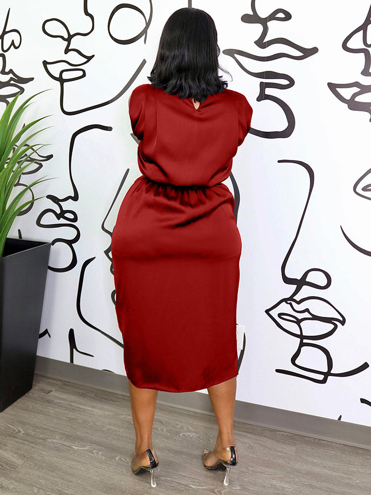 Elegant Satin Turtleneck Midi Dress - View 6 | Lwiis