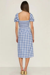 Plaid Midi Dress with Puff Sleeves - View 12 | Lwiis