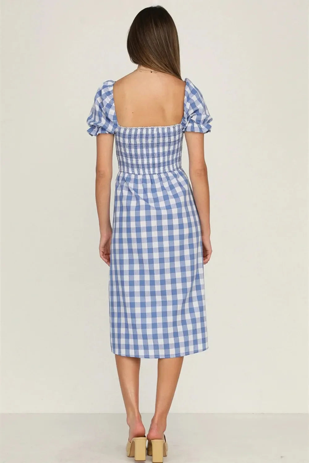Plaid Midi Dress with Puff Sleeves - View 12 | Lwiis