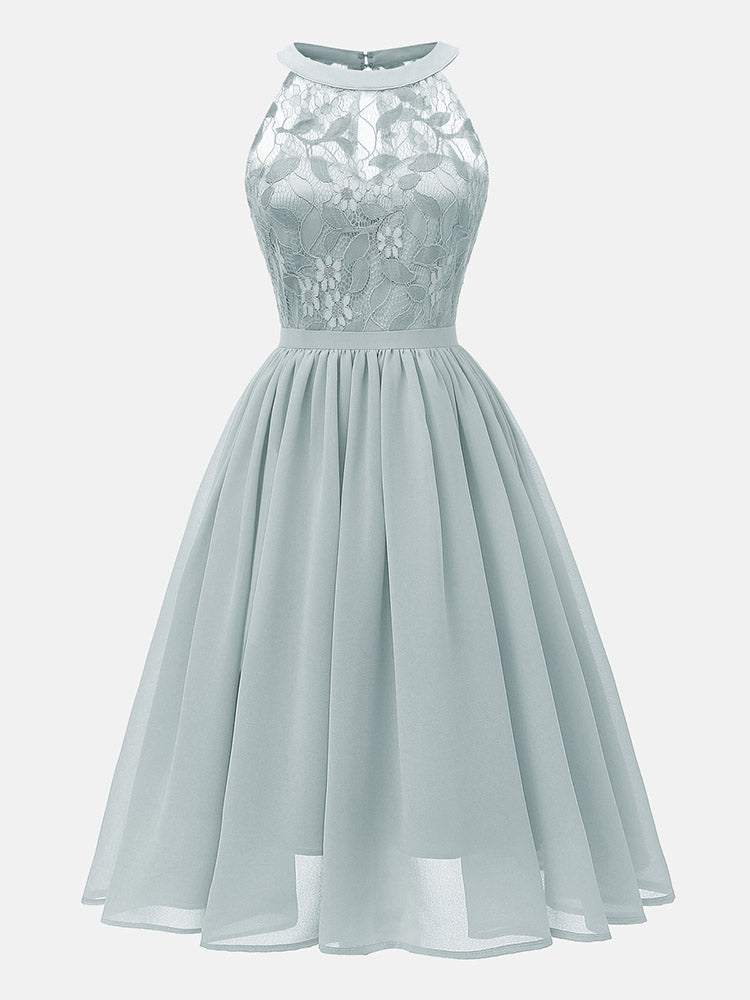 Lace Bodice Chiffon Sleeveless Midi Dress - View 16 | Lwiis