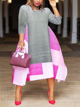 Patchwork Maxi Dress with A-line silhouette and three-quarter sleeves - View 7 | Lwiis
