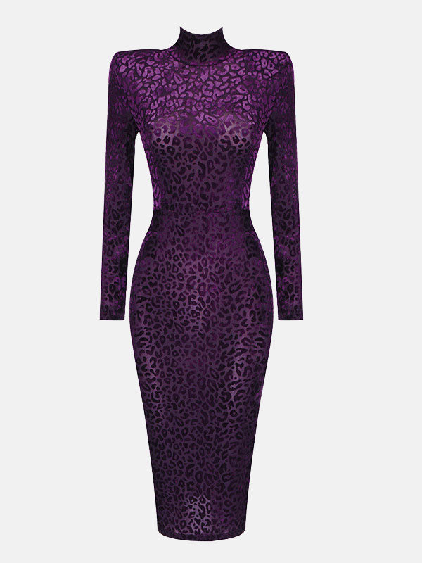 Leopard print velvet midi dress with mock neck - View 8 | Lwiis