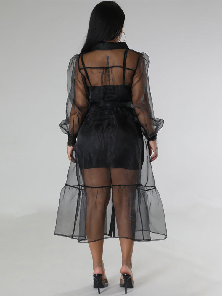 Sheer organza cover-up dress with button-down front and tiered hem - View 6 | Lwiis