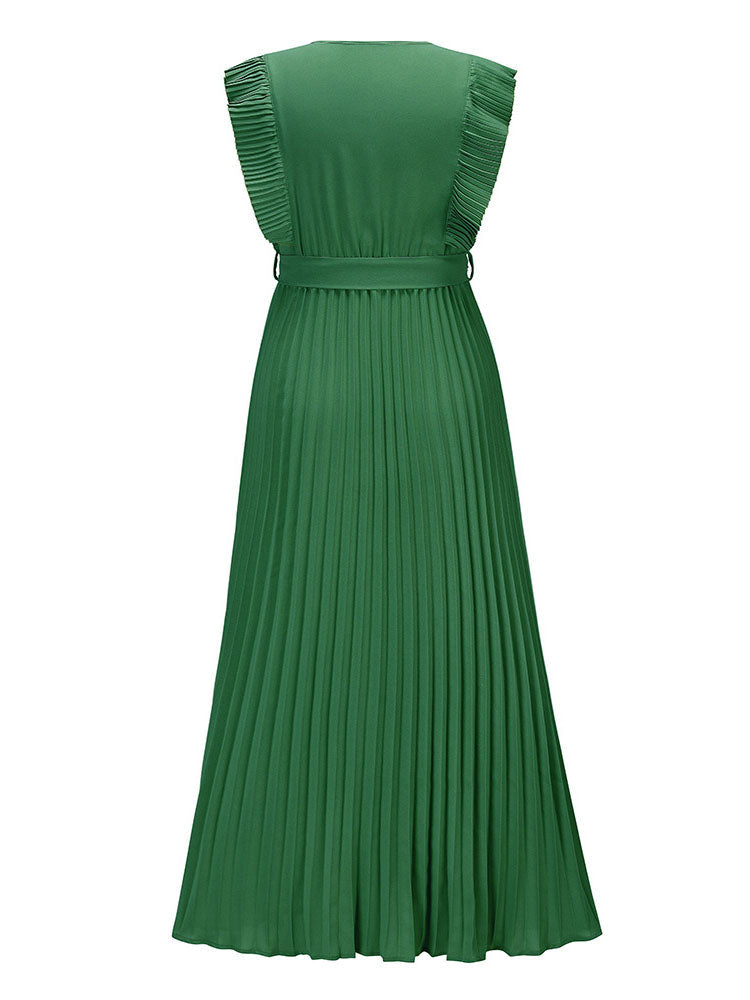 V-neck pleated maxi dress with ruffled trim and belted waist - View 11 | Lwiis