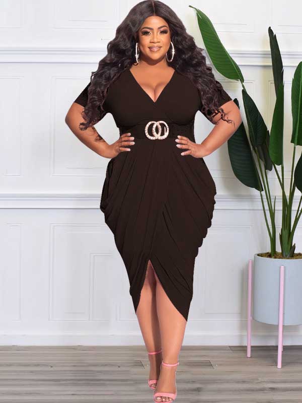 Ruched V-Neck Midi Dress - View 13 | Lwiis