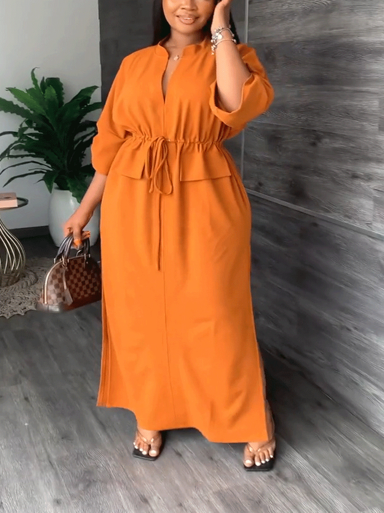 V Neck Drawstring Waist Maxi Dress - View 12 | Lwiis