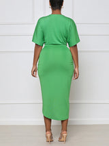 V Neck Ruched Midi Dress with Slit - View 9 | Lwiis