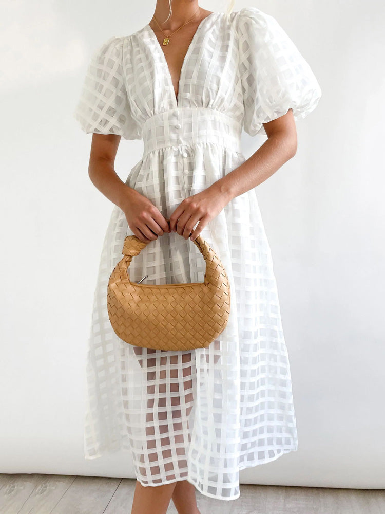 Plaid V-Neck Midi Dress - View 10 | Lwiis