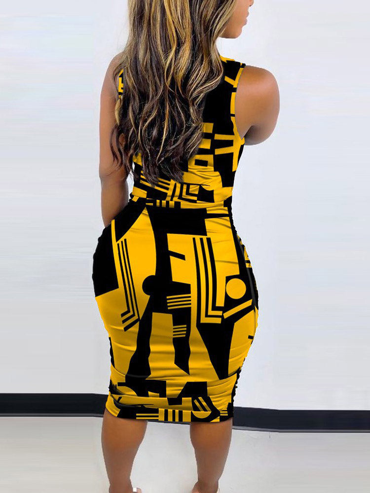 Back view of a woman wearing a sleeveless yellow and black geometric print bodycon midi dress