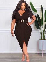 Ruched V-Neck Midi Dress - View 14 | Lwiis
