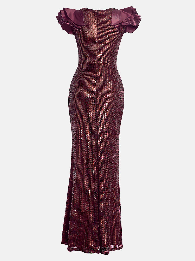 Sequin fishtail maxi dress with patchwork sleeves - View 6 | Lwiis